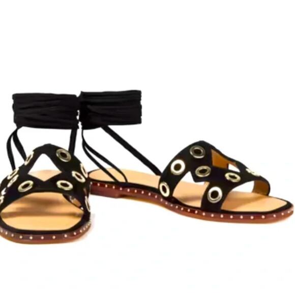 Maje Black Suede Lace Up Flat Sandals Size 40 Grommet Eyelet Detail Boho Resort - Picture 2 of 10